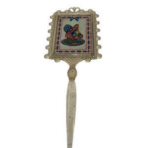 Vintage Handheld Vanity Mirror With Charming Victorian Illustration Beaded Edge